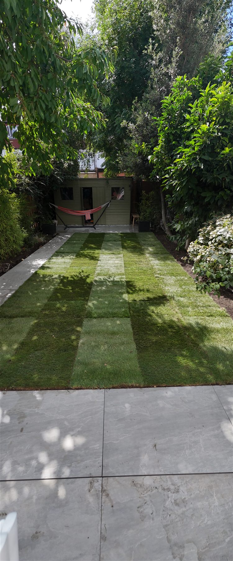 Freshly laid striped lawn and porcelain patio leading to a garden studio, Surrey