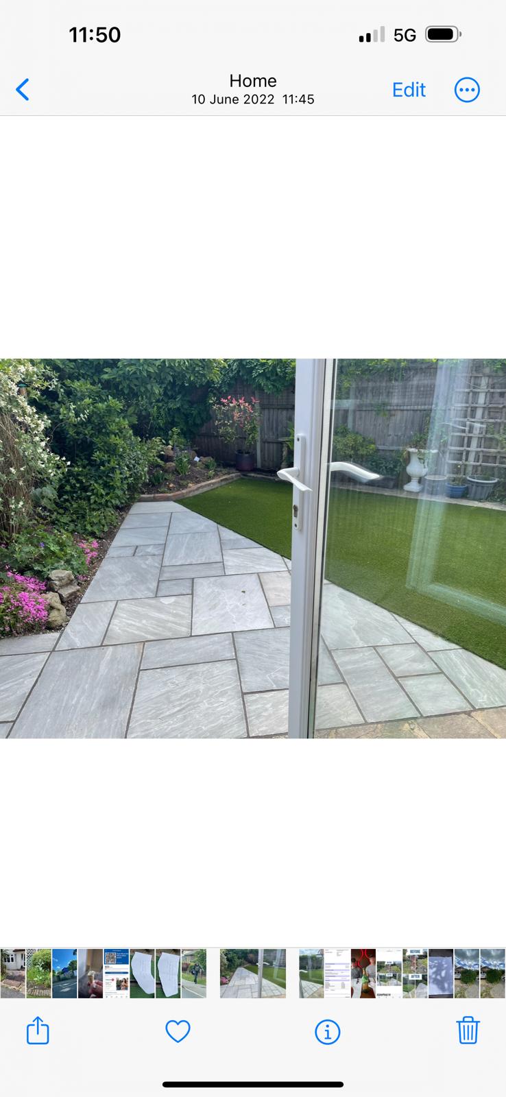 Indian sandstone patio and path leading to lawn, Surrey