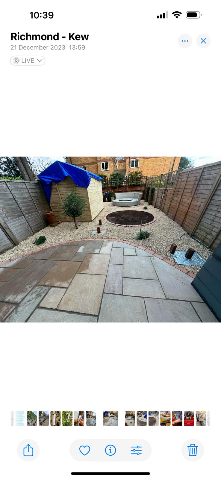 Curved Indian sandstone patio with gravel garden and fire pit, Surrey
